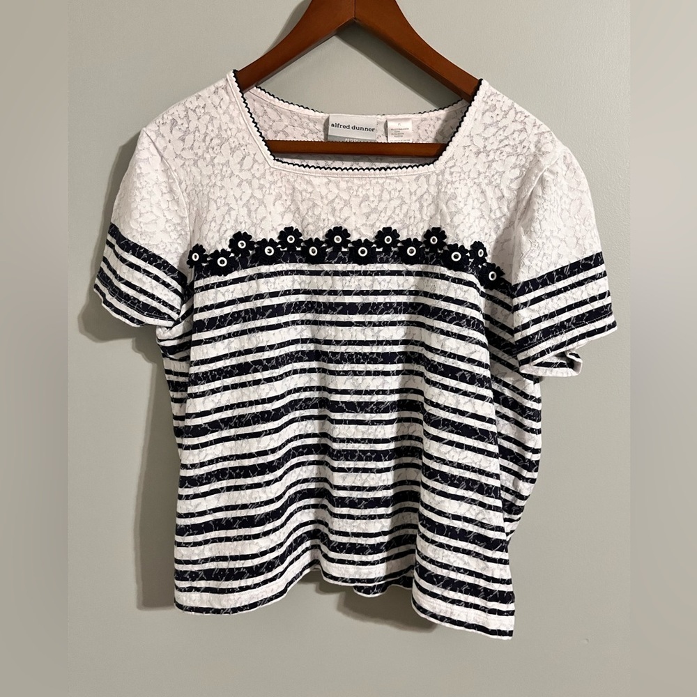 Alfred Dunner Black and White Striped Floral Lace Blouse